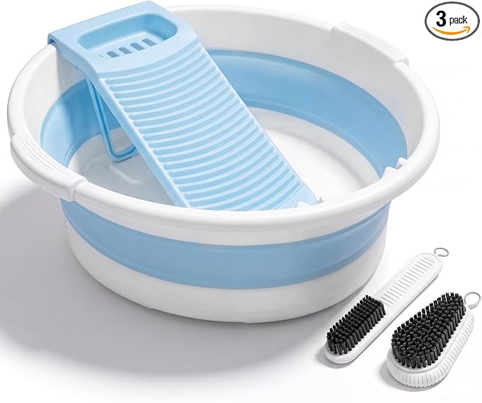 Lounsweer Large Collapsible Washboard Basin for Hand Washing Clothes with 2 Cleaning Brushes Portable Folding Laundry Tub with Non-Slip Washtub for Home Travel Camping (Blue)
