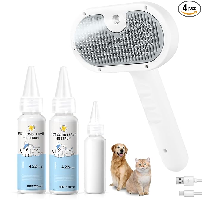 Pet Steam Brush for Dog & Cat - 3-in-1 Steam Grooming Brush for Shedding & Hair Removal - Pet comb leave-inserum with Mist for Long Haired Pets - Includes 2*Waterless Shampoo, Grey