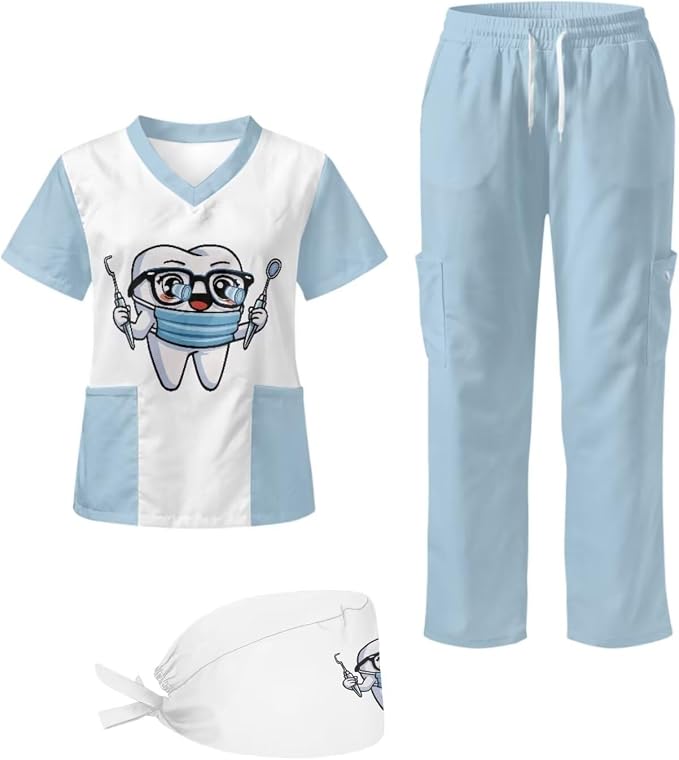 Gomyblomy Women's Scrubs Suit 3-Piece Set | Teeth Print V-Neck Top & Pants & Cap, Breathable and Stretch Fabric, S-5XL