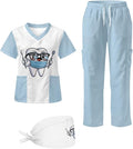 Gomyblomy Women's Scrubs Suit 3-Piece Set | Teeth Print V-Neck Top & Pants & Cap, Breathable and Stretch Fabric, S-5XL