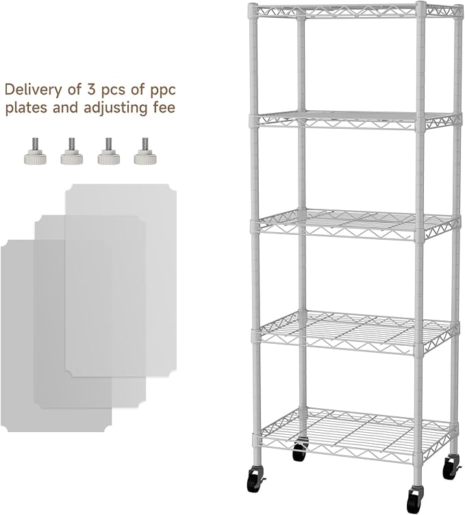 Golpart Small 5 Tier Shelves Storage Wire Shelving Unit Metal Shelf Adjustable Organizers Storage Shelving with Wheels for Bathroom Laundry Room Kitchen Pantry11.7”D x 17.7”W x 57.2”H White