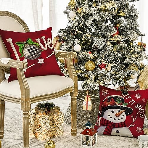 AVOIN colorlife Merry Christmas Let It Snow Love Snowman Red Throw Pillow Covers, 18 x 18 Inch Xmas Tree Holiday Cushion Case Decoration for Sofa Couch Set of 4