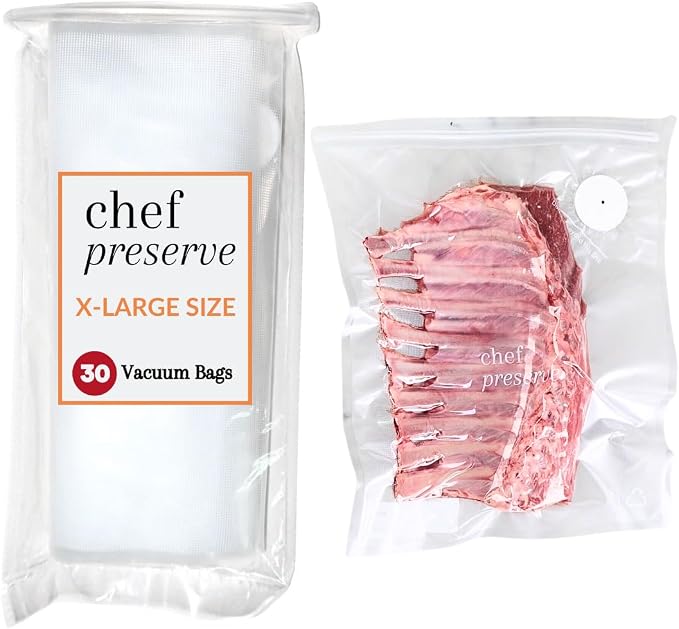 Chef Preserve Reusable Vacuum Sealer Bags for Food - 30 BPA-Free XL Large (12 x 20 in) Food Storage Bags, Freezer, Microwave - Odor-Resistant, Leak-Proof - Compatible with Chef Preserve Vacuum Sealers