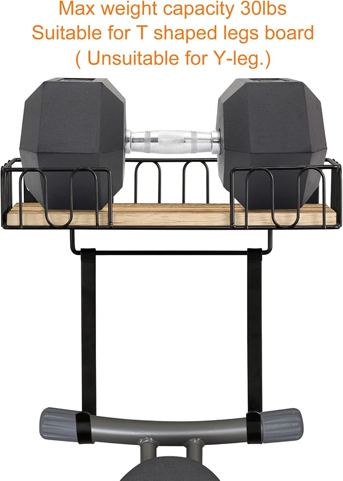 TJ.MOREE Ironing Board Hanger Metal Wall Mount Iron and Ironing Board Holder, Laundry Room Decor and Storage with Large Storage Black Wooden Base Basket and Removable Hooks