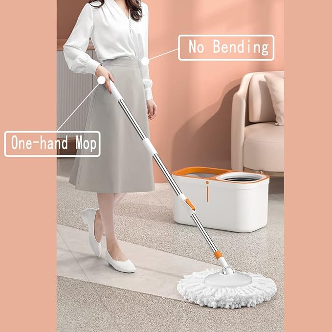 61" Spin Mop and Bucket Set,Wringer System for Cleaning,with 5 Refill Heads | Hands-Free Wringing with1 Brush,Stainless Steel Handle,Suitable for Tile Hardwood Laminate Floors,Easy Dirt Removal