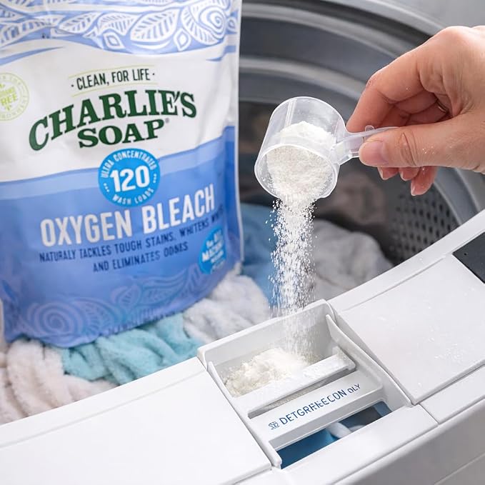 Charlie’s Soap Oxygen Bleach Powder for Laundry & Household Cleaning, Color-Safe & Chlorine-Free Stain Remover, 4 lb Bags (120 Loads Each), 2 Pack