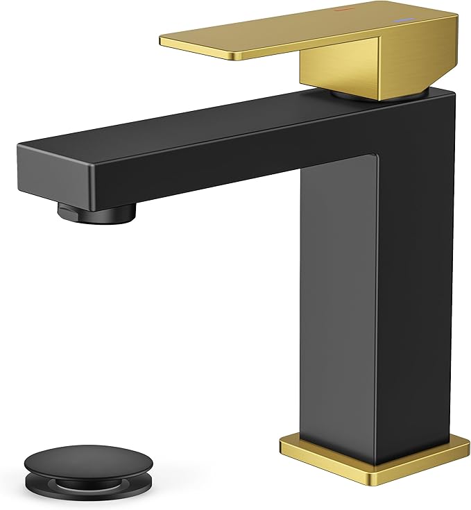 FORIOUS Single Handle Bathroom Faucets Black and Gold, 1or 3 Hole Bathroom Sink Faucet with Pop-up Drain
