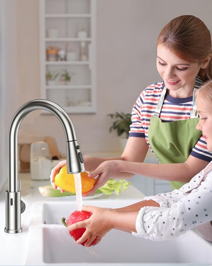 Hiqufet Touchless Kitchen Faucet, Pull Down Sprayer, Brushed Nickel | Hands-Free Smart Motion Sensor, Easy Install, SUS304 Stainless Steel, Lead-Free, High Arc, 3 Spray Modes, 360 Swivel