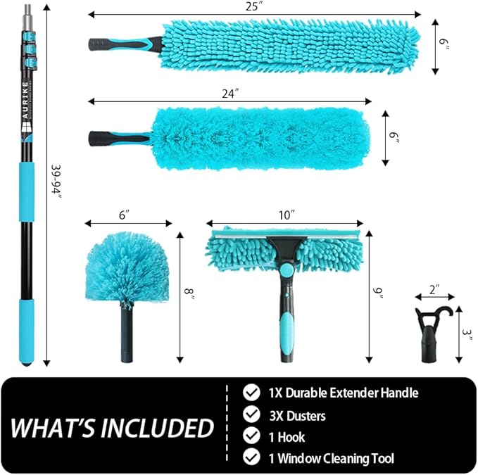 High Ceiling Duster Kit with 3-8FT Heavy Duty Extension Pole, Reaches Up to 13FT, Includes Microfiber Feather Duster, Cobweb and Ceiling Fan Duster, Window Squeegee Cleaner & Skylight Hook (8FT)