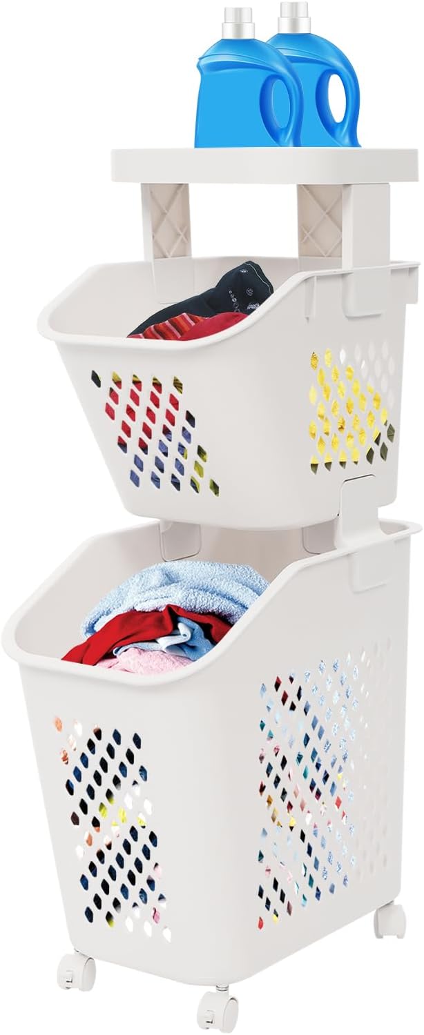 Rolling Slim Laundry Basket on Wheels, Plastic Laundry Sorter Hamper with Removable Basket for Bedroom Toilet Bathroom Kitchen, Space Saving (2-Tier)