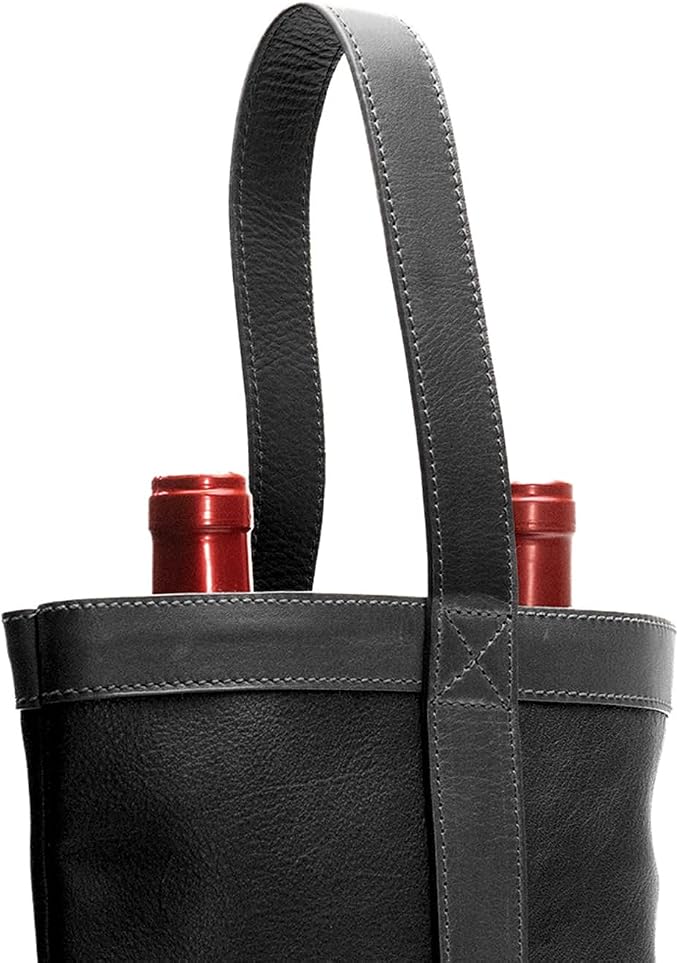 Double Wine Carrier Bag – Leather Wine Tote for Two Bottles with Handle – Protective Carrier for Picnic, Wine Champagne Gift Bag (Black)
