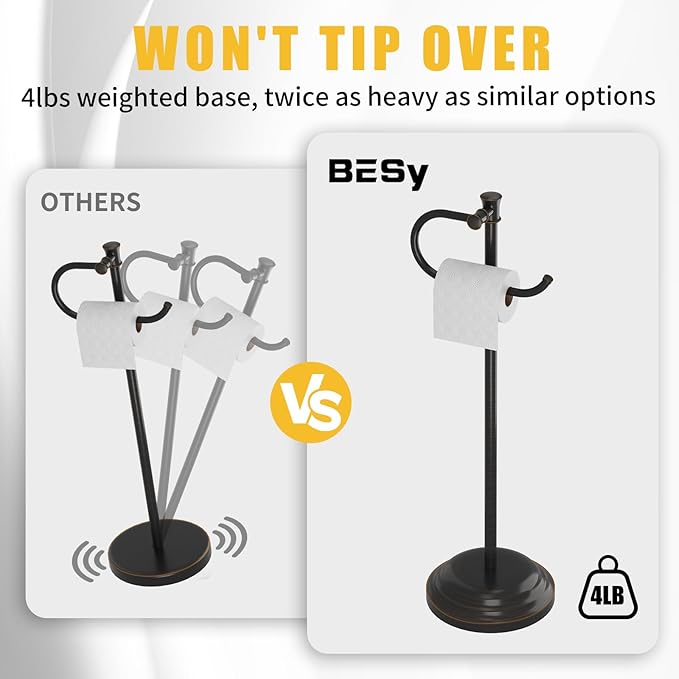 BESy Toilet Paper Holder Free Standing Bathroom Toilet Tissue Holder Stand for Floor Toilet Paper Roll Holder with Storage Hardware Accessories Rack Hand Towel Bar Oil Rubbed Bronze Stainless Steel