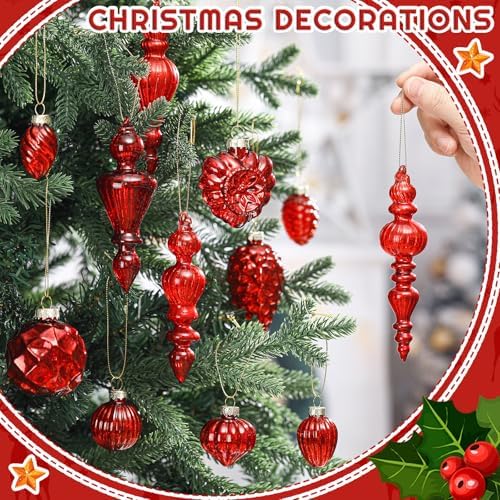 Vercraft 20 Pcs Vintage Mercury Glass Finial Christmas Ornament, Red