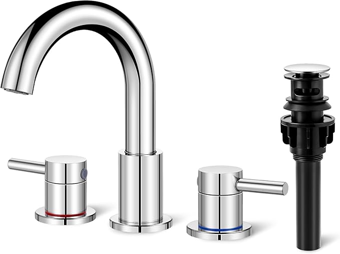 Bathroom Faucet 3 Hole, Chrome Bathroom Sink Faucet with Pop Up Drain, 8 inch Widespread Bathroom Faucet with 360° Swivel Spout, 2 Handle Vanity Faucet with Water Supply Hoses
