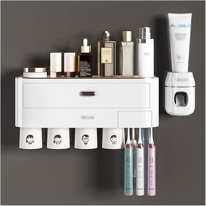 Toothbrush Rack Wall-Mounted Toothbrush Holder Punch-Free Multifunctional Storage Rack with Mouthwash Cup Toothpaste Squeezer Kit Bathroom Toothbrush Holder(C,Small)