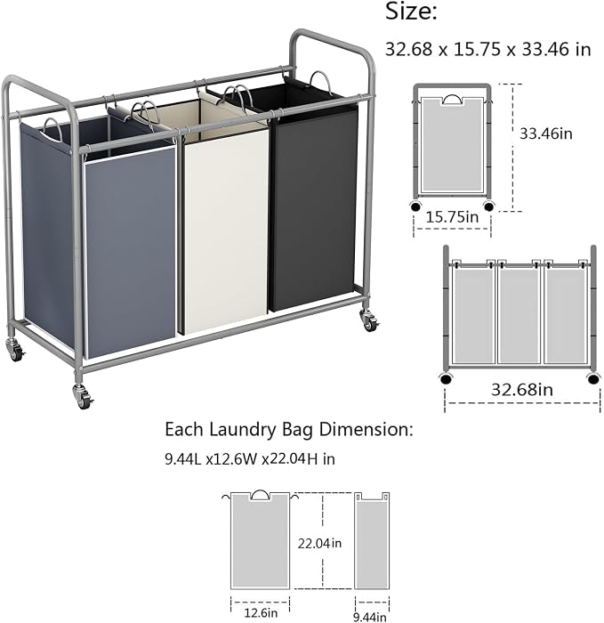 LINZINAR 3 Bags Laundry Hamper Assorted Laundry Basket 135L Laundry Sorter | Laundry Room Organization with Heavy Duty Rolling Lockable Wheels and Removable Bag, Bedroom Laundry Cart for Clothes Storage