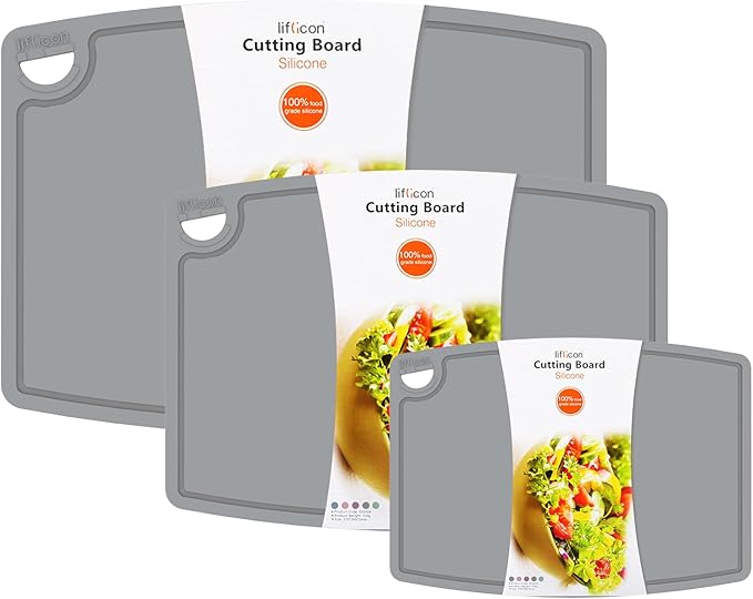 Silicone Thick Cutting Boards Mats Set of 3 Foldable & Flexible Design Juice Grooves Easy Grip Handle Dishwasher Safe for Kitchen,BPA free Silicone Cutting Board-Gray