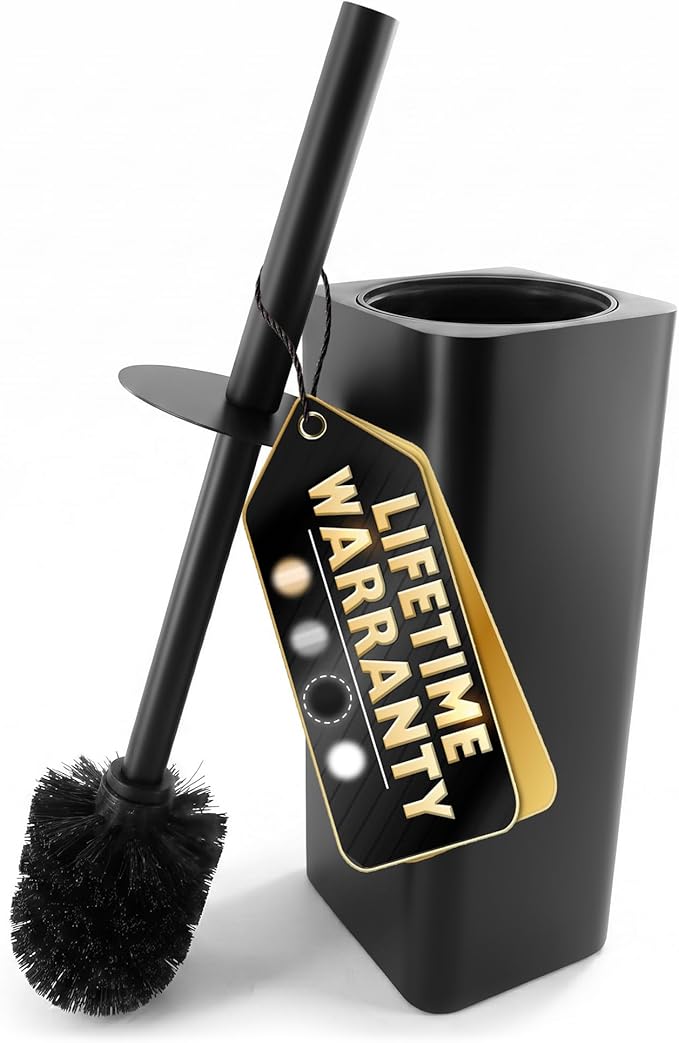 Black Toilet Brush and Holder Set - Slim Matte Design that Fits Anywhere - Stainless Steel Toilet Bowl Brush and Holder with 2 Rounded Corners, Replaceable Head, Removable Inner Bowl & Splash Guard