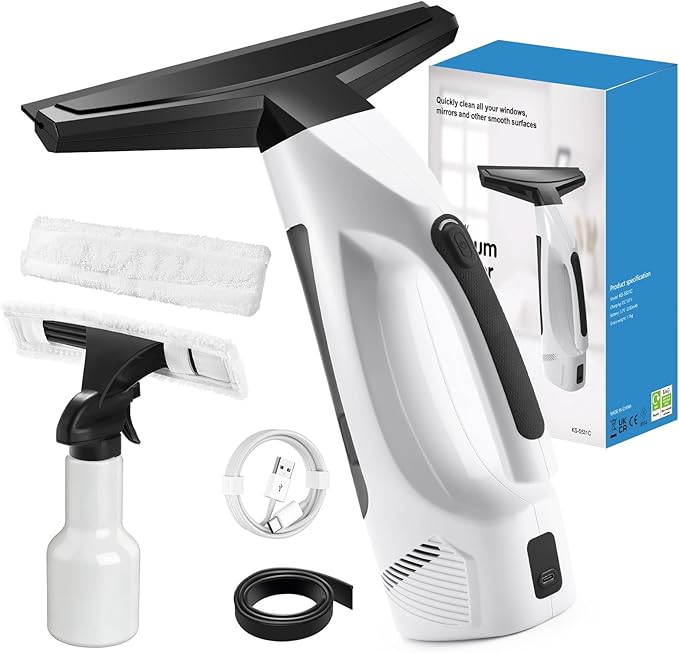 Electric Window Vacuum Squeegee, 2000Pa Rechargeable Window Cleaner Cordless with 200ML Water Tank, Cleaning Kit with Spray Bottle & Microfiber Pad for Glass, Mirror, Shower Door, Car Windshield