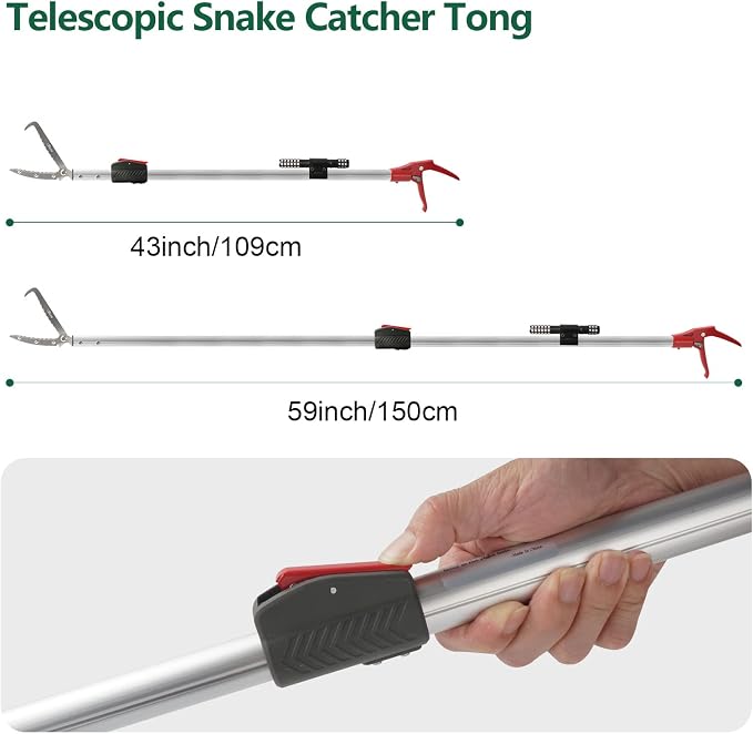 Snake Catcher Tongs Grabber Rattle Heavy Duty | with 43 inch to 59 inch Telescopic Pole