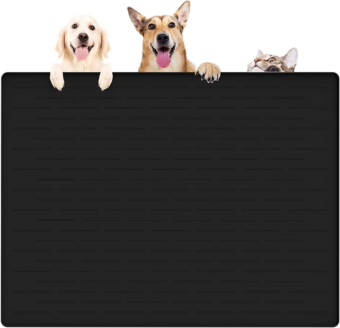 39.4"x29.5" Large Pet Food Mat, Silicone Dog Mats for Food and Water, Nonslip Pet Feeding Mats for Floors,Dog Cat Bowl Mat with Raised Edges, Black