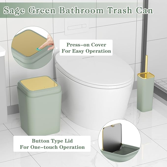 XLHOMO Bathroom Set, Bathroom Accessory Set, Sage Green Bathroom Accessories Set with Press-on Lid Bathroom Trash Can, Soap Dispenser, 9PC Bathroom Accessory Set for Home