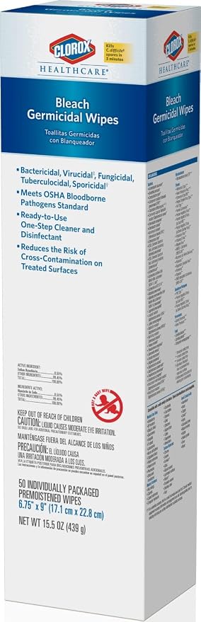 CloroxPro Healthcare Bleach Germicidal Wipes, Healthcare Cleaning and Industrial Cleaning, Clorox Wipes, 50 Count Individually Wrapped Wipes - 31424
