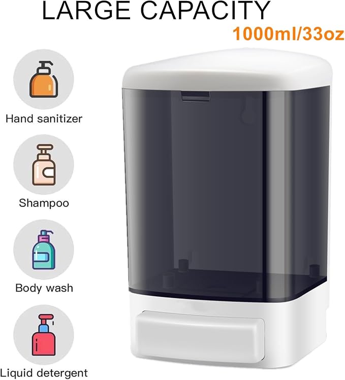 8-Pack Soap Dispenser Wall Mount 1000ml (33.8oz)–Commercial Heavy-Duty Plastic Liquid Dispenser for Soap,Shampoo,Hand Sanitizer–Manual Pump for Bathroom, Kitchen,Restaurant,Hotel (8 x 1000ml)