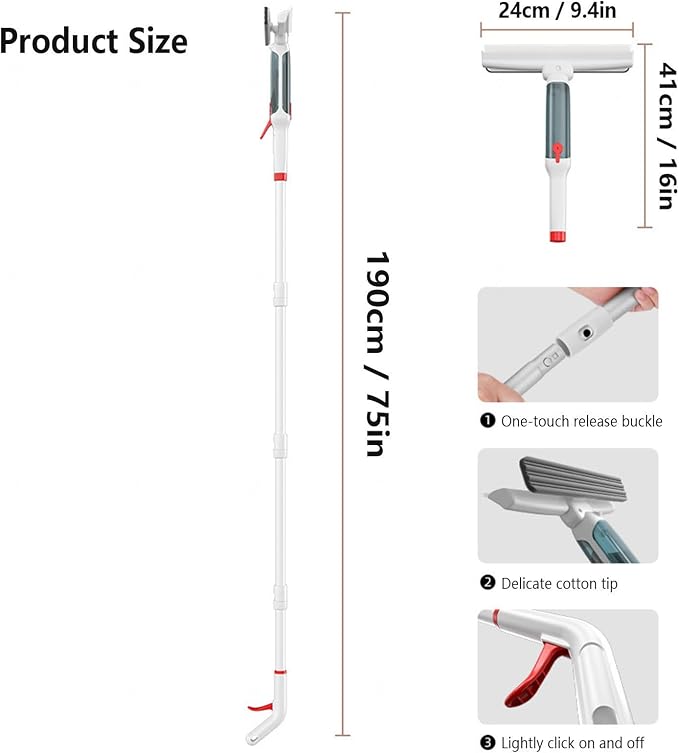 75'' Spray Window Squeegee with Extension Pole with 4-Section Extension Pole, 4 in 1 Shower Glass Cleaner Squeegee Windshield Cleaner Tool with Sewage Collector and 5 Pads