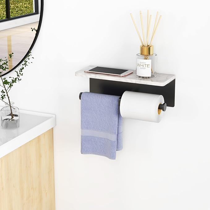 Gypie Toilet Paper Holder with Shelf, New Upgrade Double Toilet Paper Holder with Storage, Marble Roll Toilet Paper Wall Mount for Bathroom Washroom(Black)