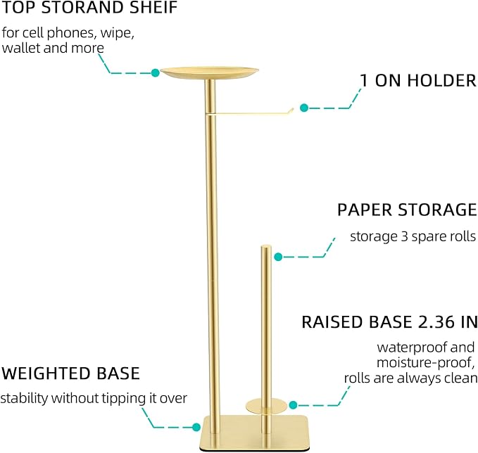 FEILERN Toilet Paper Holder Stand for Bathroom Floor Standing Toilet Roll Dispenser Storages 4 Reserve Rolls, with Top Storage Shelf for Cell Phones, Wipe, Wallet and More(Gold)