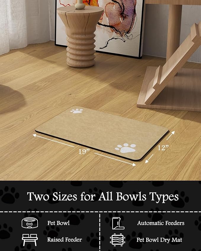 Pet Feeding Mat-Absorbent Dog Mat for Food and Water Bowl-No Stains Quick Dry Water Dispenser Mat-Dog Accessories Pet Supplies-Bowl for Messy Drinkers（Beige,12"x19"
