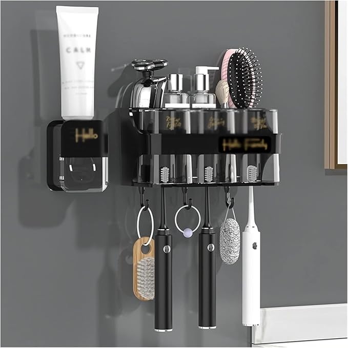 Toothbrush Rack Toothbrush Rack Free Punch with Mouthwash Cup Brushing Cup Wall-Mounted Bathroom Multi-Functional Storage Box Bathroom Toothbrush Holder(B,Medium)