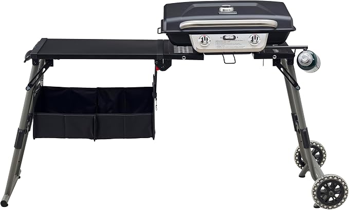 Cuisinart Prep ‘N Go Folding Gas Grill, Portable Stand-Up Propane Grill with Compact Fold and Storage Tote, Wheels and Side Table, 18,000 BTUs for Camping, Tailgating, Outdoor Cooking