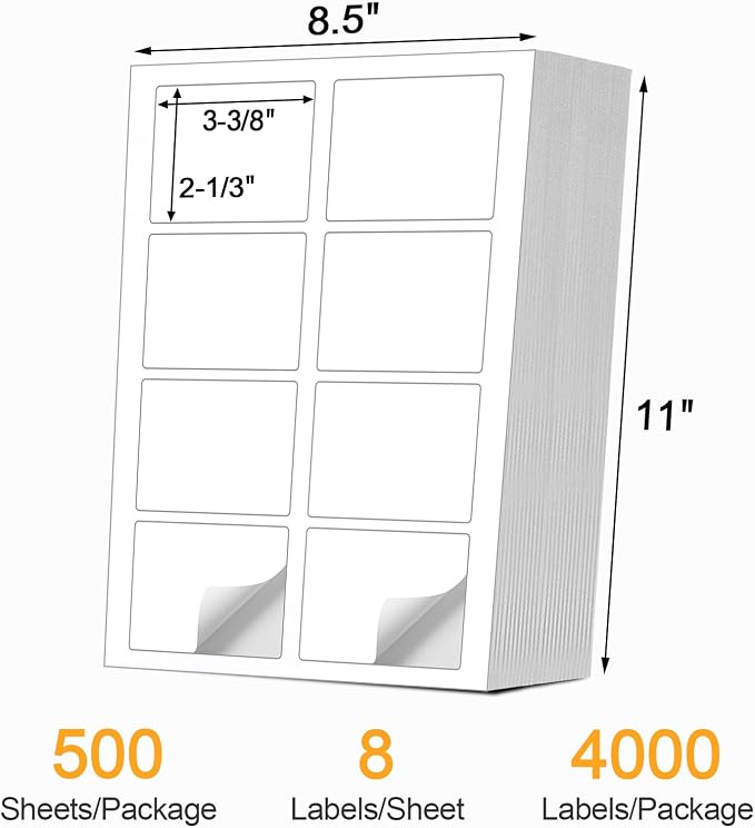 (4000 Labels/500 Sheets) Self Adhesive Name Tag Stickers, 8 Labels per Sheet, A4 Stickers 3-3/8" x 2-1/3" for Inkjet/Laser Printers, White Sticker Shipping/Mailing Labels,