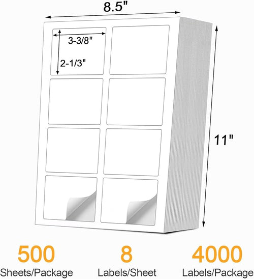 (4000 Labels/500 Sheets) Self Adhesive Name Tag Stickers, 8 Labels per Sheet, A4 Stickers 3-3/8" x 2-1/3" for Inkjet/Laser Printers, White Sticker Shipping/Mailing Labels,