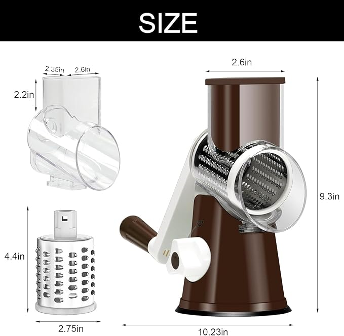 Cambom Rotary Cheese Grater Hand Crank Cheese Shredder for Fresh Cheese, Vegetable, Nuts,Non-slip Suction Base, Three Blades, Coffe Color