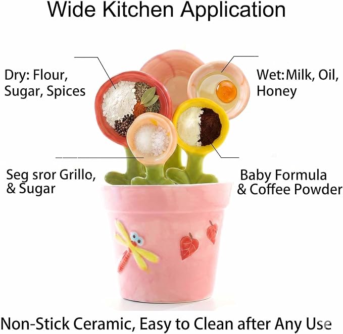 5pcs Ceramic Flower Pot Measuring Spoons and Cup Set, Cute Measuring Cups and Spoons Set for Milk Powder Sugar Salt Wet Dry Ingredients(Pink1set)