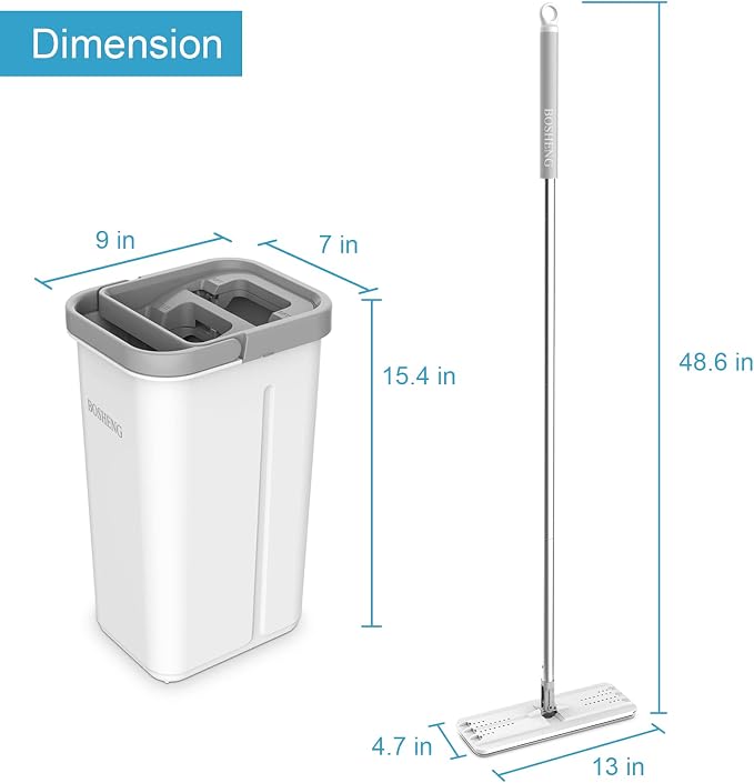 BOSHENG Mop and Bucket with Wringer Set, Hands Free Flat Floor Mop and Bucket, 3 Washable Microfiber Pads Included, Wet and Dry Use, Home Floor Cleaning System for All Floor Types and Windows