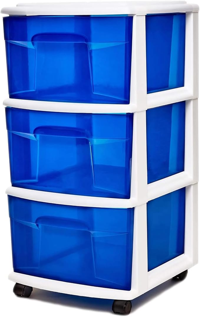 HOMZ Drawer Tower, 3-Tier Clear Blue Plastic Storage Organizer Cart, White Frame - Rolling Drawer Containers with Wheels for Bathroom, Bedroom, Office, and Classroom Organization