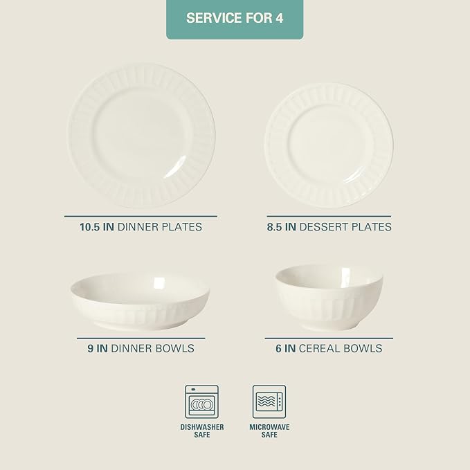 Gibson Home Melbourne White Plates and Bowls Set, 16 Piece Embossed Ceramic Dinnerware Set - Service for 4 Dishes - With Pasta Bowl