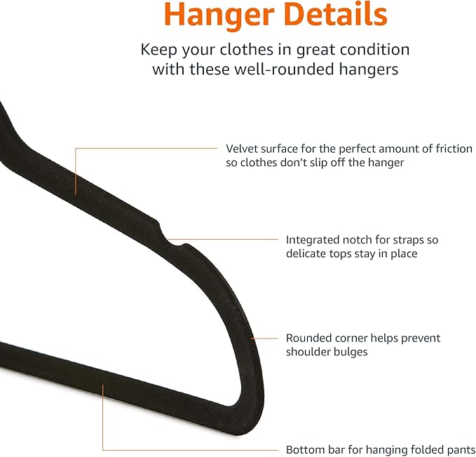 Amazon Basics Slim Velvet Non-Slip Space Saving Suit Clothes Hangers, Closet Organizer, Black, 50-Pack