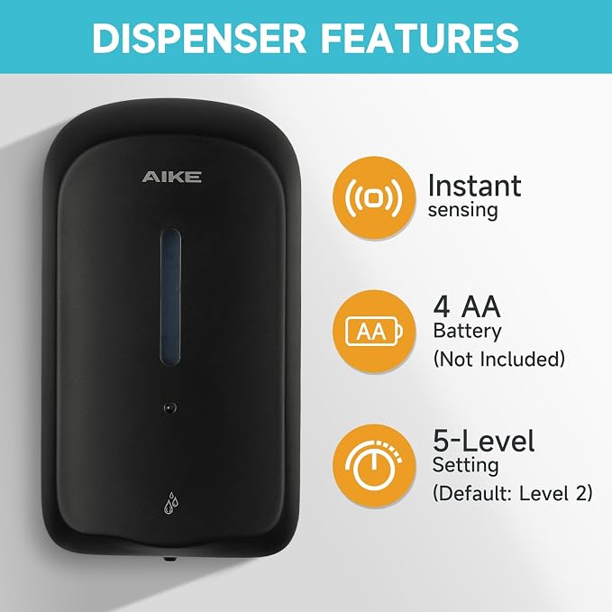 AIKE Liquid Automatic Soap Dispenser,33.8oz Capacity for Bathroom,Black | 5-Level Adjustable and Savety Key for Commercial(4*AA Batteries Not Included),Screw Wall Mount for Space-Saving,AK1226S