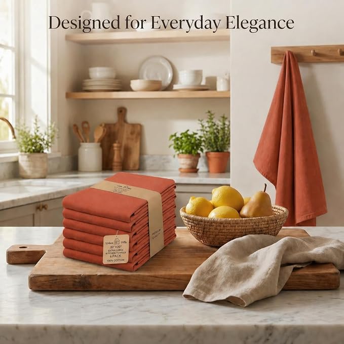 Urban Villa Kitchen Towels 100% Cotton Dish Towels for Kitchen(Set of 6) 20”x30” Dish Cloths Highly Absorbent Kitchen Linen Set with Hanging Loop Perfect for Drying Dishes Cleaning Hand Towels – Rust