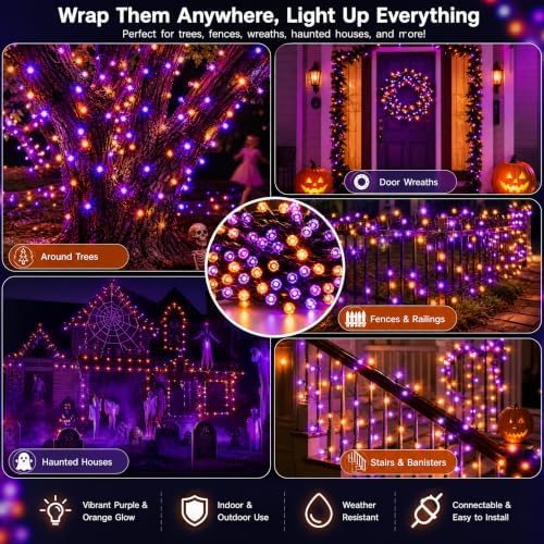 TW SHINE Halloween Lights, 200 LED 66FT Outdoor Halloween Lights Plug in with 8 Modes, Waterproof Light Outdoor, Indoor Decorations for Party Yard Haunted House Decor, Orange and Purple