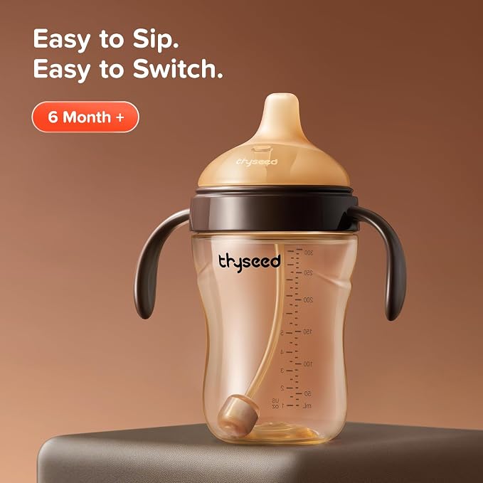 Thyseed Spill-Proof Weighted Straw Sippy Cup, Baby Transition Trainer, Soft Silicone Spout, BPA-Free, 6m+, 10 oz, 2 Pack