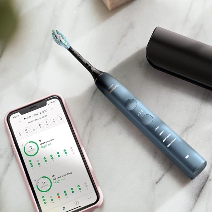 Philips Sonicare DiamondClean 9000 Electric Toothbrush - Sonic Toothbrush with App, Pressure Sensor, 12 Brushing Settings, Replacement Reminder, Charging Stand, Travel Case, Aquamarine, HX9911/92