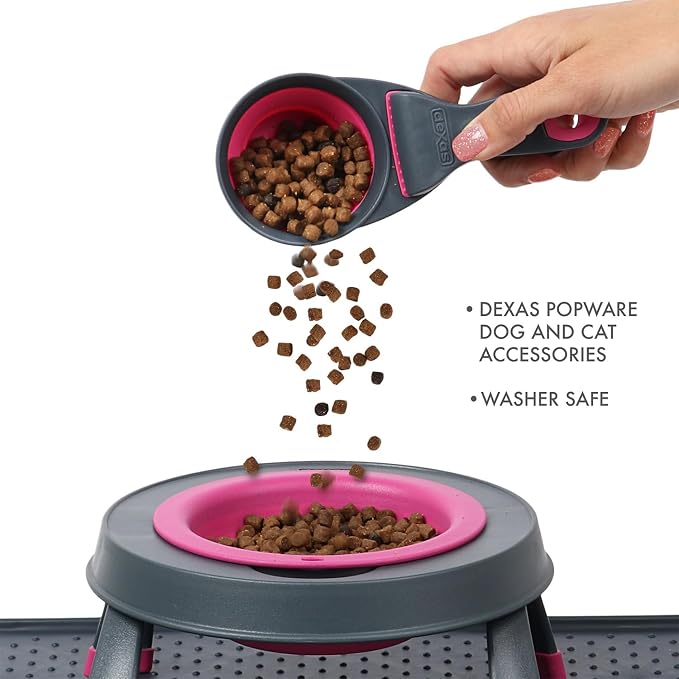 Dexas Popware for Pets Collapsible Klip Scoop, 3-in-1 Pet Food Scoop, Measuring Cup and Bag Clip, 1/2 Cup Capacity, Pink