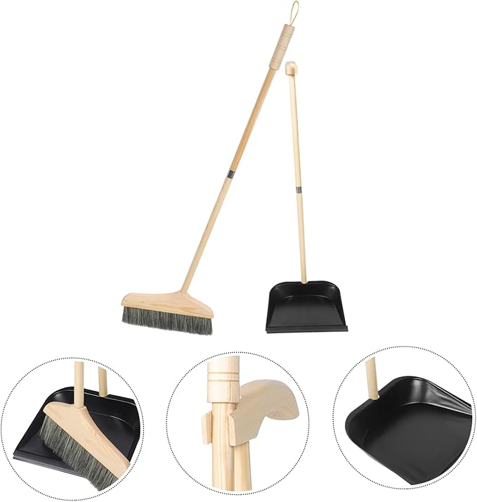 Mobestech 1 Set Solid Wood Bristle Broom and Dustpan Set Floor Broom Office Garbage Shovel Long Handle Dustpan Supple with Home Stainless Steel Toddler Soft Bucket