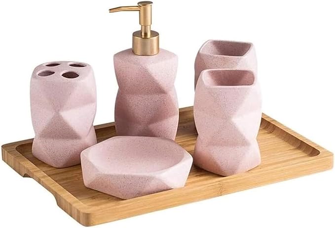Ceramic Soap Dispenser,Foaming Hand Soap Dispenser Hand Sanitizer Dispenser, Toothbrush Holder, Soap Dish, Mouthwash Cup, Bamboo Tray(Light red)